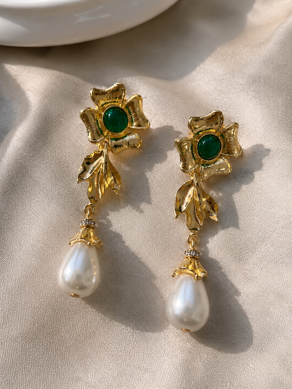 Emerald Flower Pearl Drop Earrings – Stainless Steel