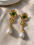 Emerald Flower Pearl Drop Earrings – Stainless Steel