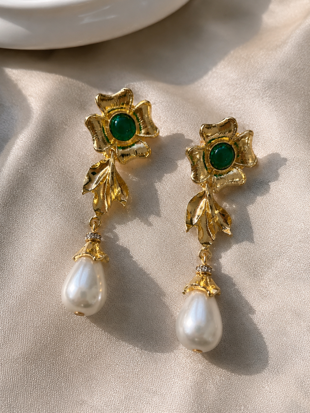 Emerald Flower Pearl Drop Earrings – Stainless Steel