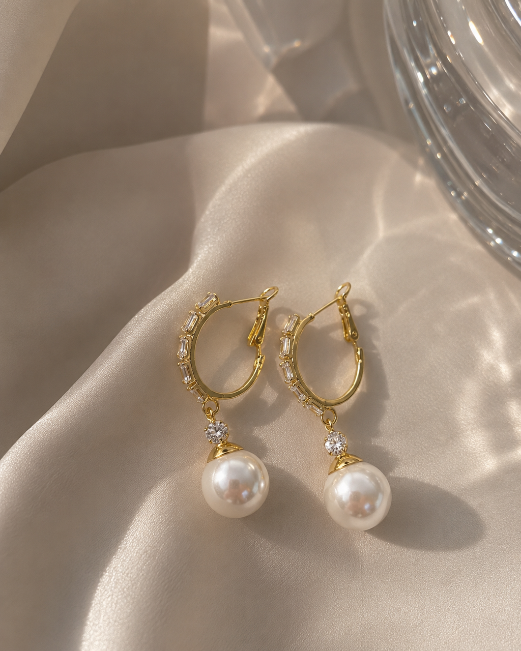 Crystal pearl drop hoop earrings