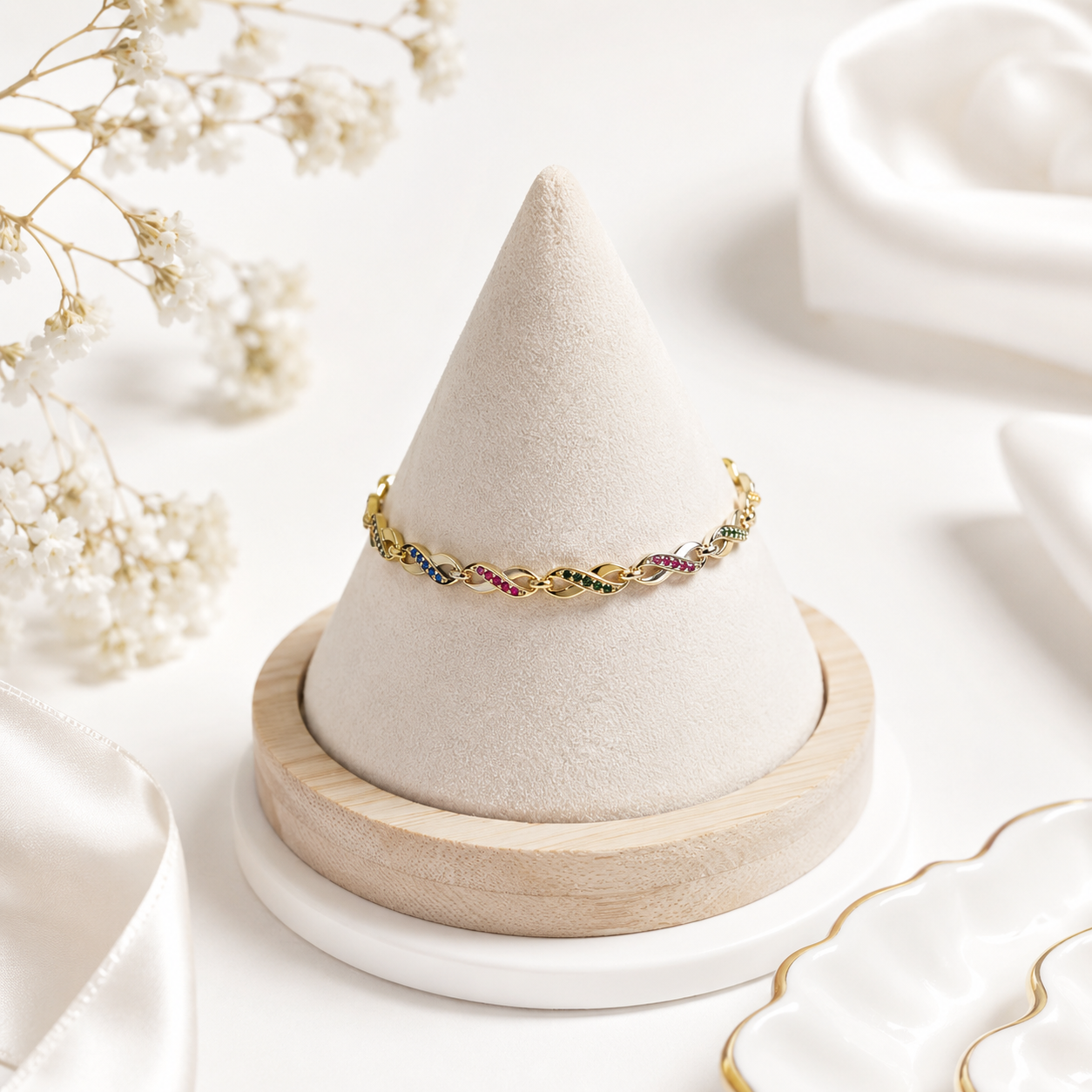 Gold plated multicolor infinity link bracelet for women .