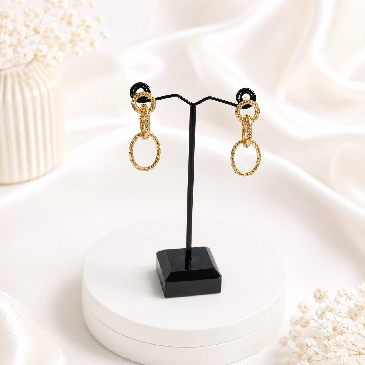 Gold Plated Texture Link Drop Earrings