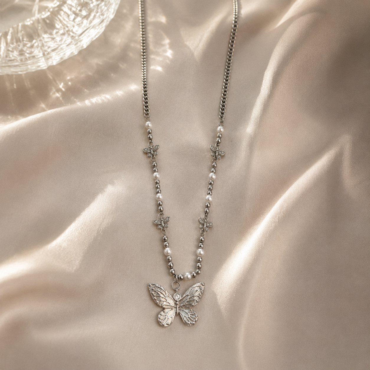 Rhodium-Plated Butterfly Charm Necklace with Pearl Accents