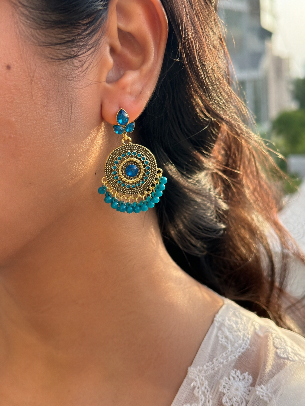 Stainless Steel Blue Crystal Statement Earrings
