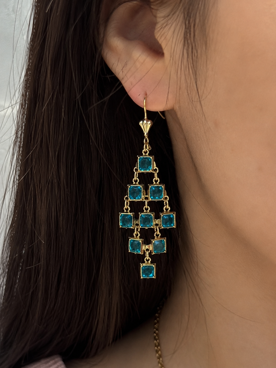 Blue Crystal Gold Plated Chandelier Earrings