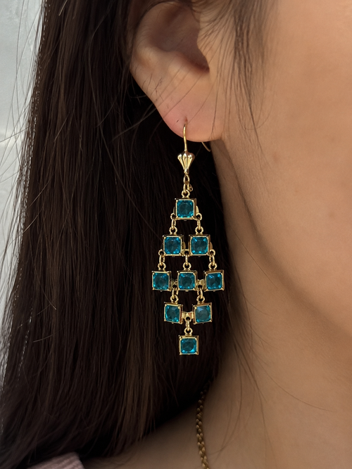 Blue Crystal Gold Plated Chandelier Earrings