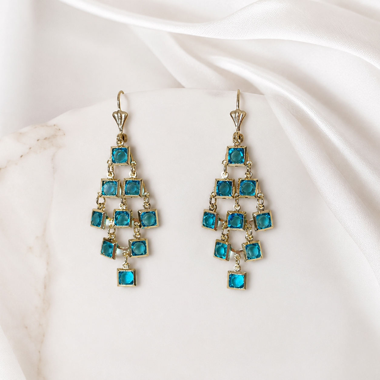 Blue Crystal Gold Plated Chandelier Earrings