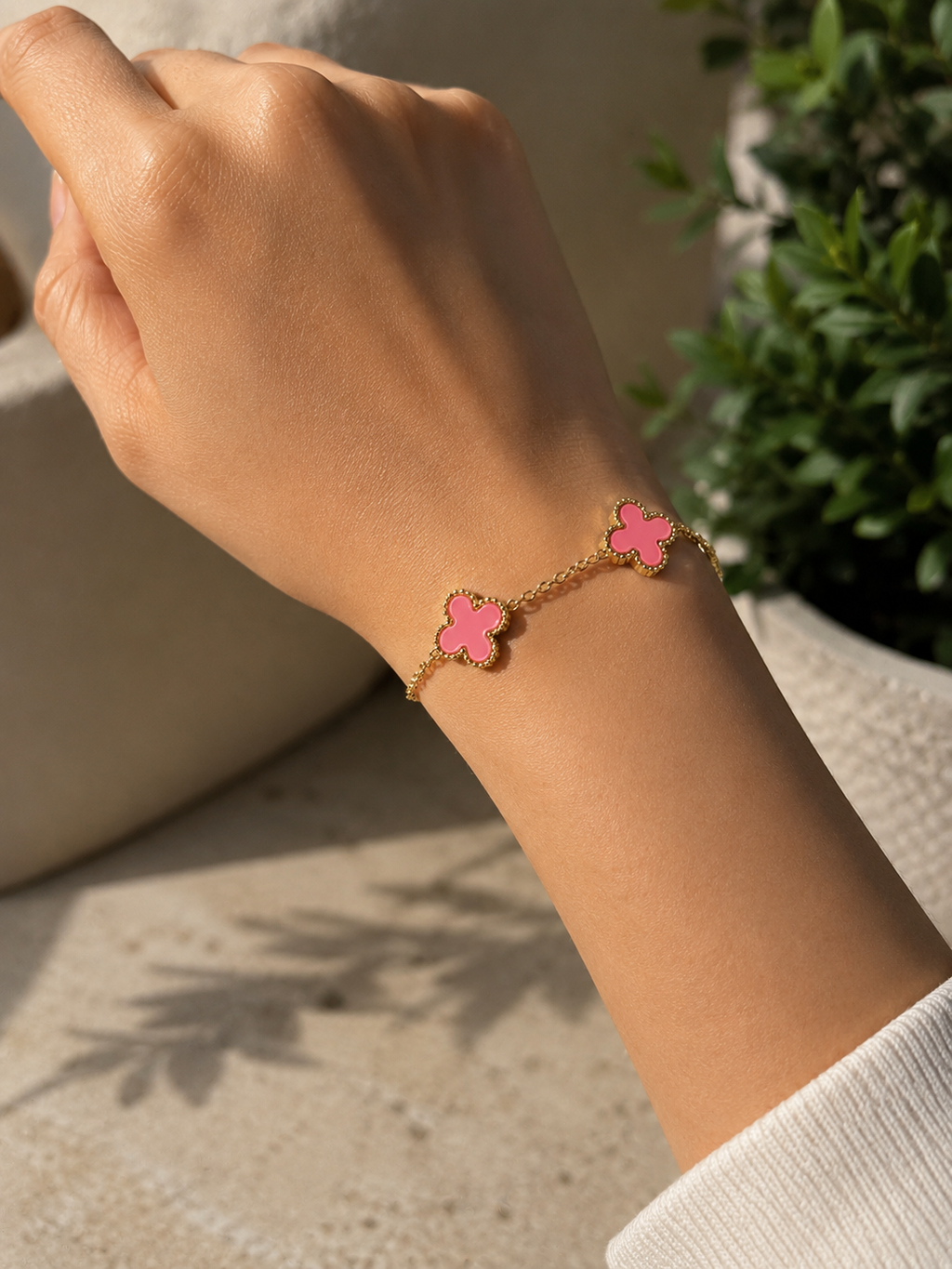 Pink Clover Stainless Steel Ladies Bracelet