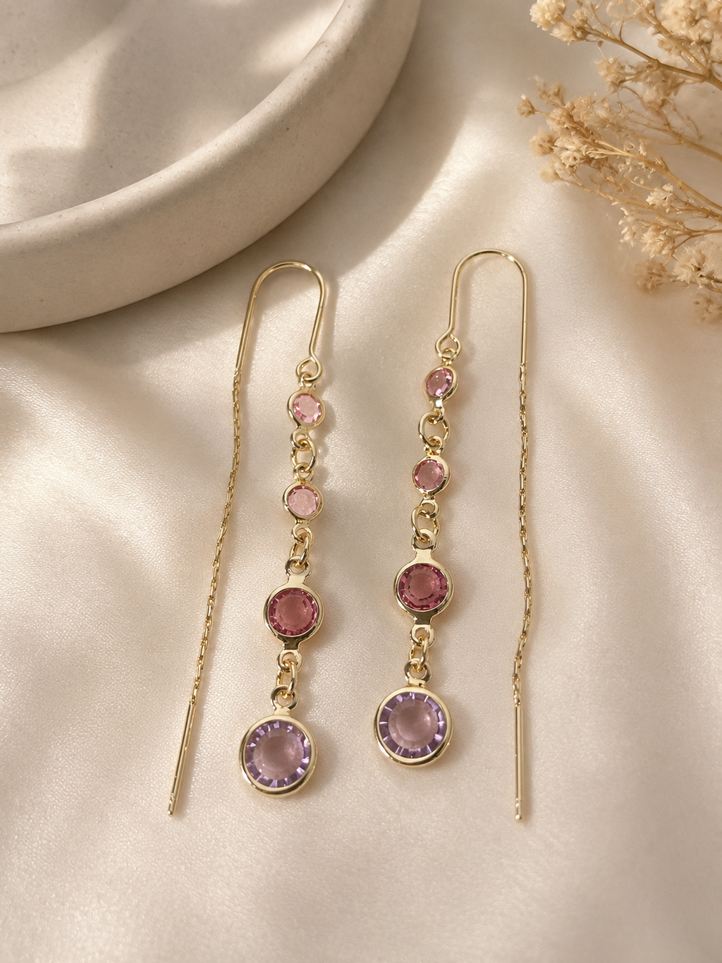 Gold Plated Pink Gemstone Threader Earrings