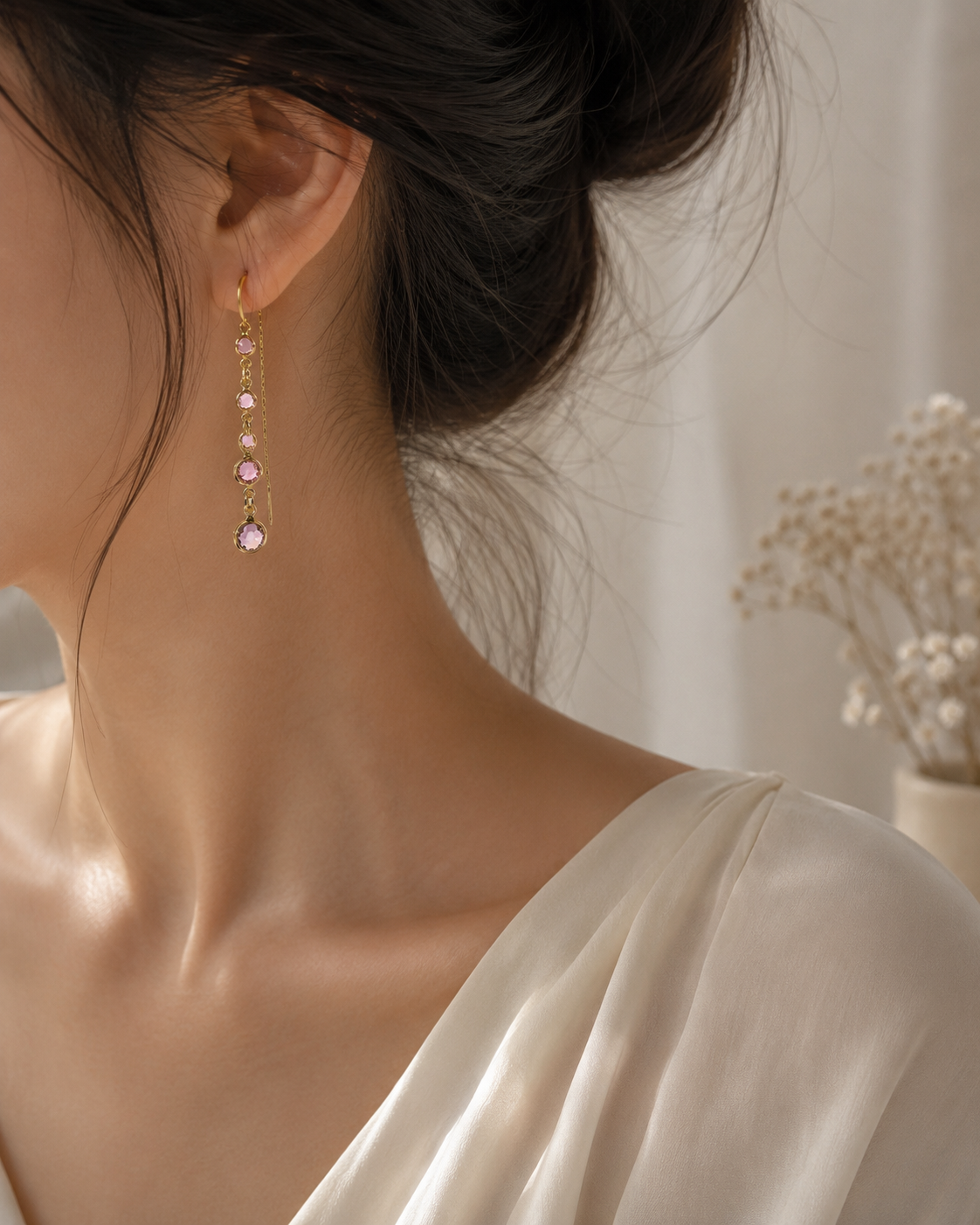 Gold Plated Pink Gemstone Threader Earrings