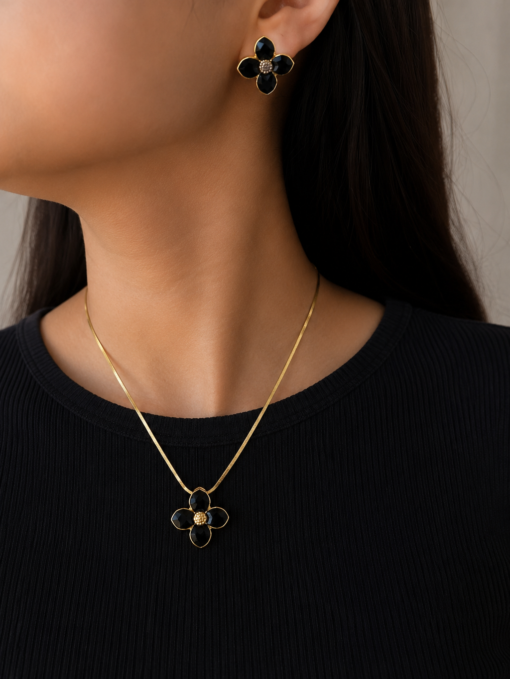 Black flower stainless steel necklace & earring set