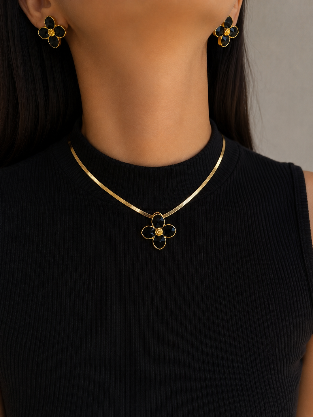 Black flower stainless steel necklace & earring set