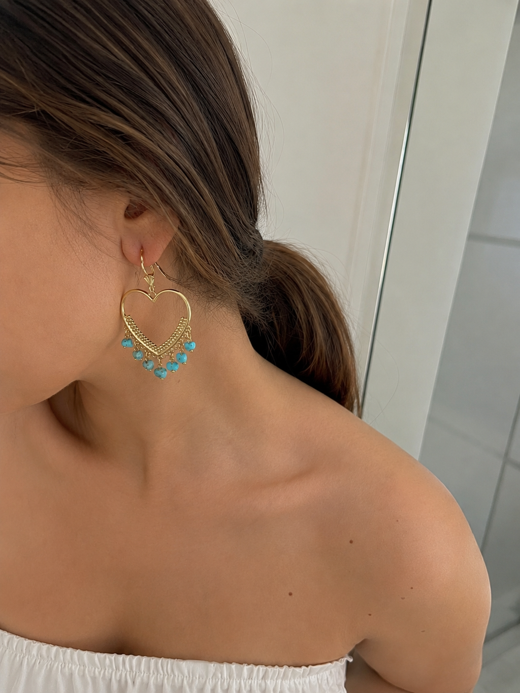 Gold-Plated Heart Turquoise Drop Earrings