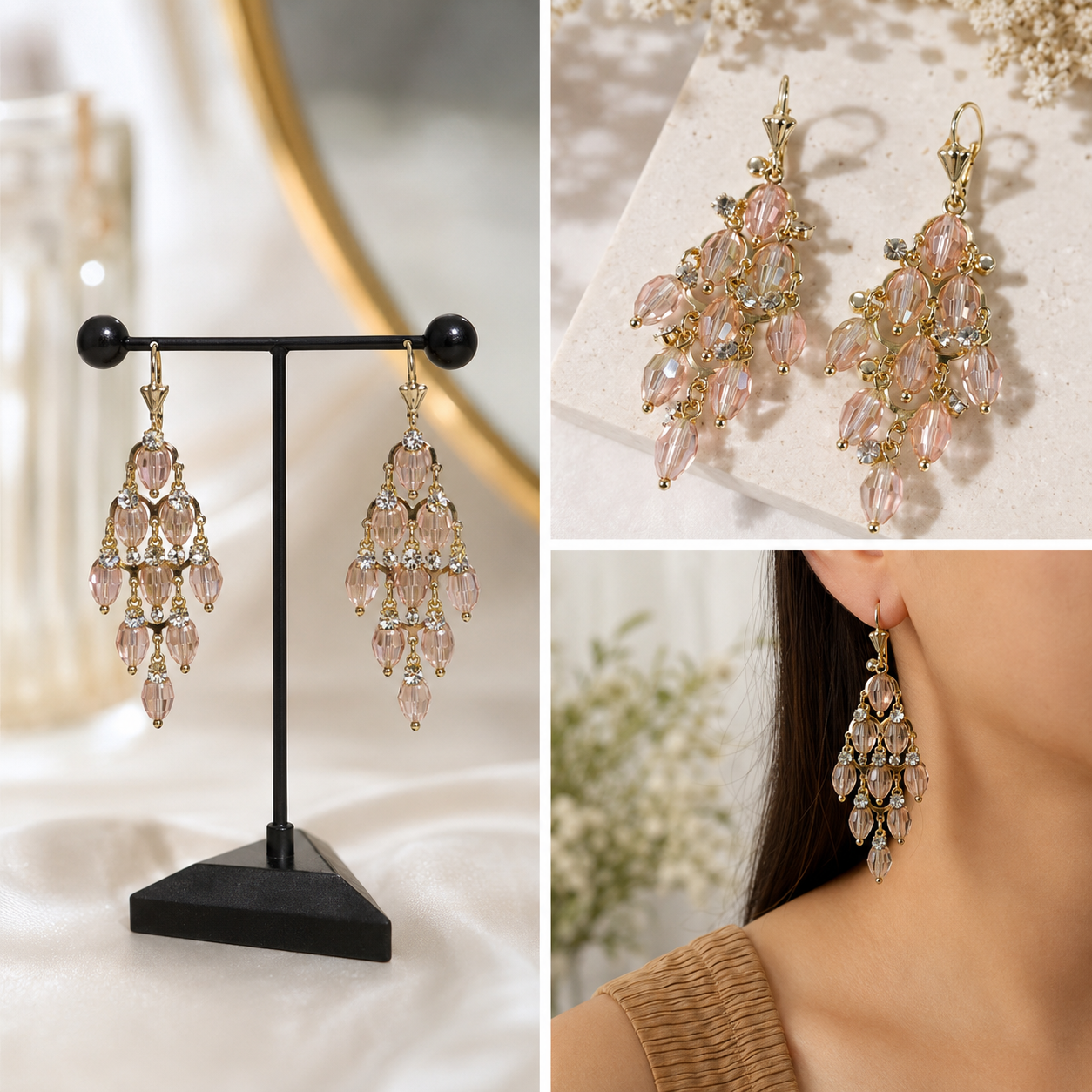 Blush Crystal Gold-Plated Chandelier Earrings