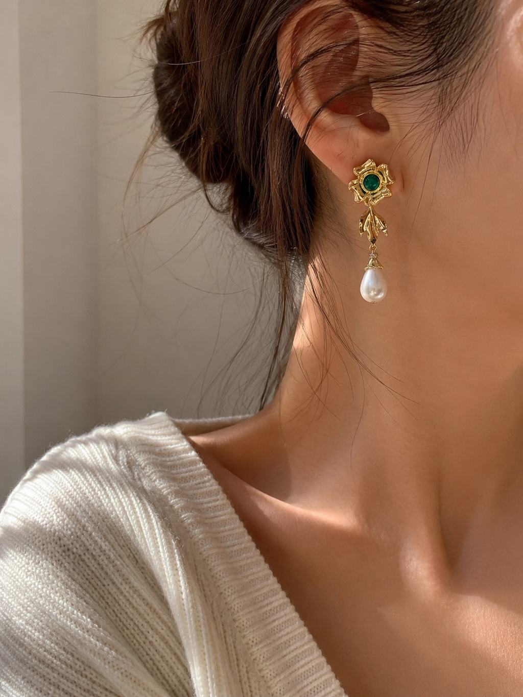 Emerald Flower Pearl Drop Earrings – Stainless Steel