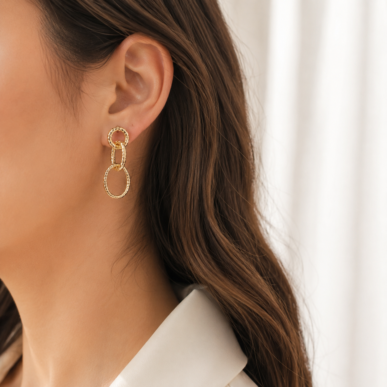 Gold Plated Texture Link Drop Earrings
