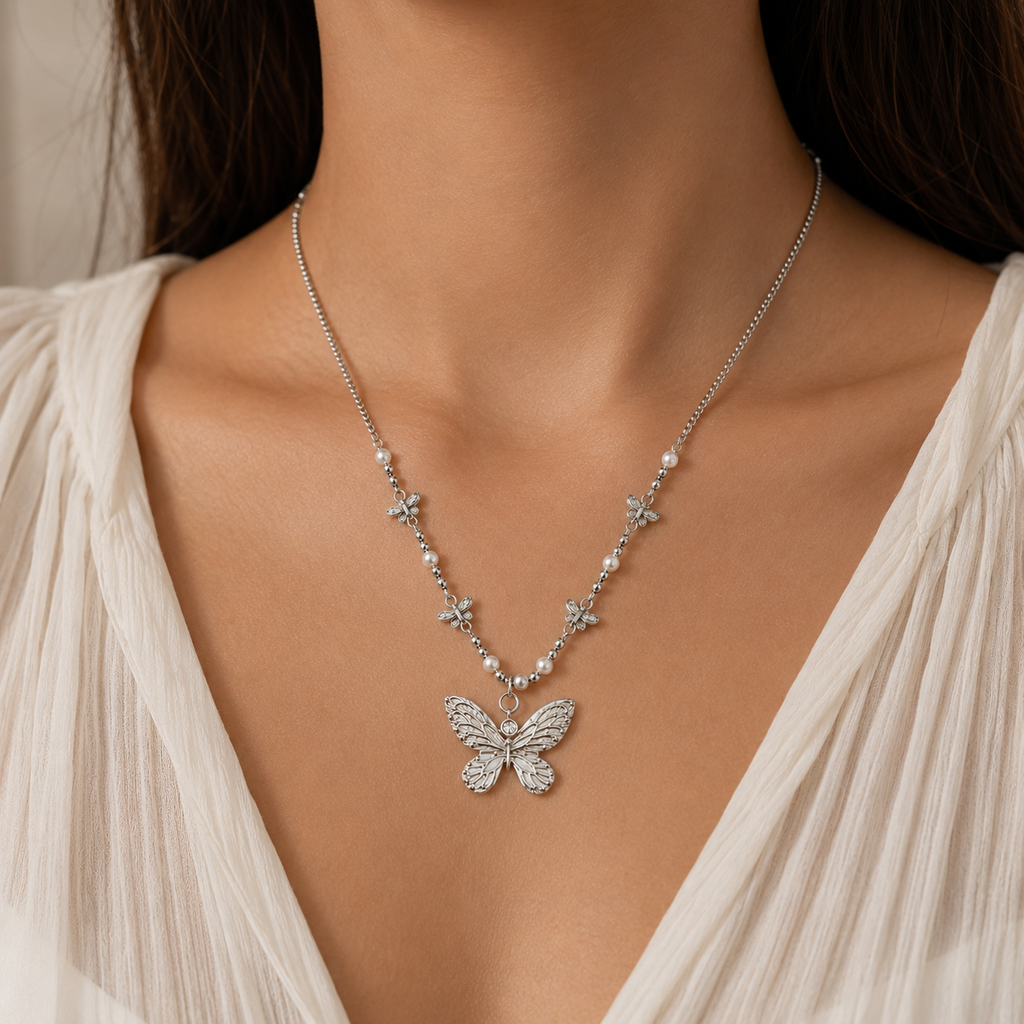 Rhodium-Plated Butterfly Charm Necklace with Pearl Accents